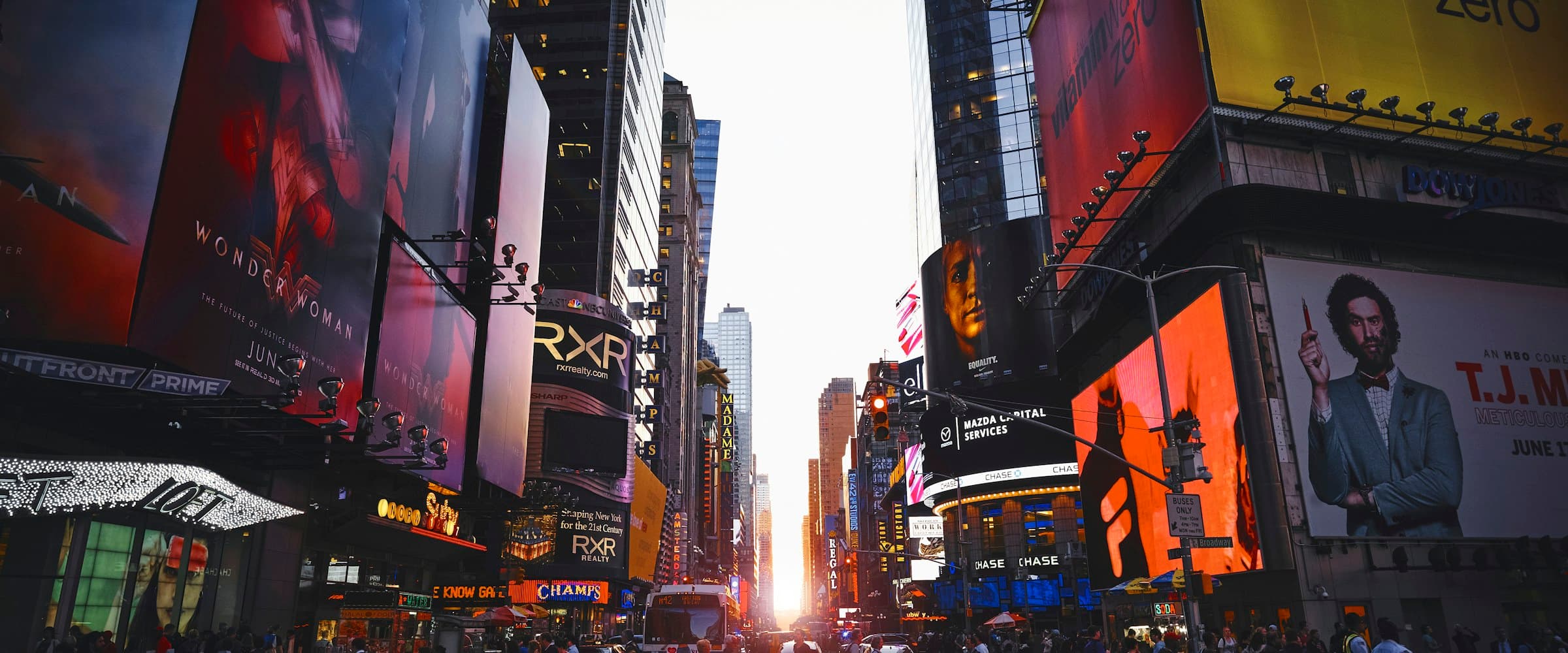 Wide view of Midtown Manhattan skyscrapers under clear sky