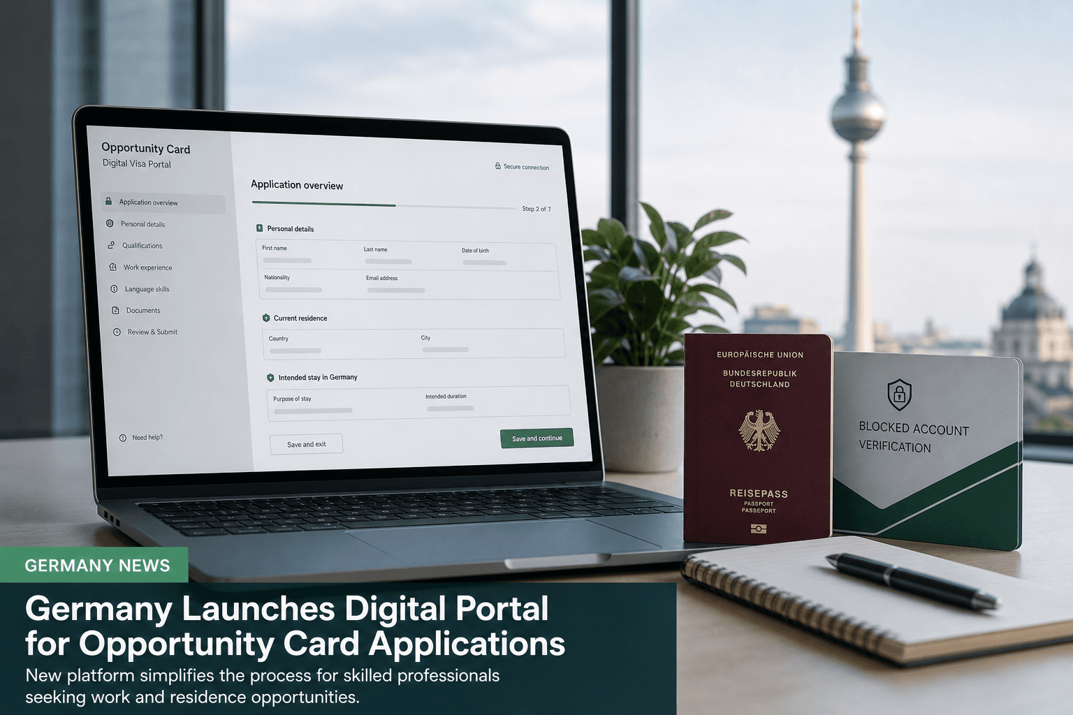 Portátil con portal digital de Opportunity Card y pasaporte alemán